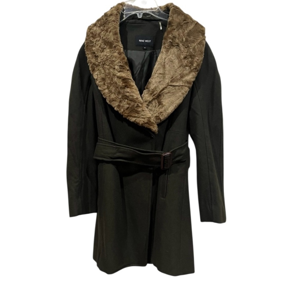 Penny Lane wool blend faux fur dark collar dark green belted coat size 4